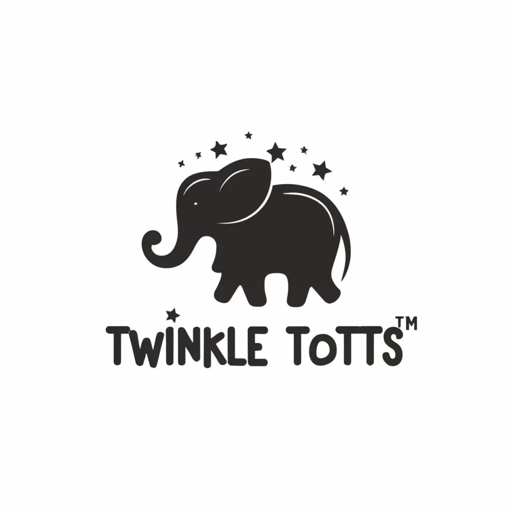 a logo design,with the text "twinkle Totts", main symbol:This captivating logo design features a charming silhouette composition that exudes warmth and wonder. At the heart of the logo, a baby and a small elephant are depicted in silhouette against a backdrop of twinkling stars. The baby is shown riding on the back of the elephant, symbolizing companionship, trust, and adventure. The baby's tiny silhouette is seen nestled securely atop the elephant, with arms outstretched in joyful abandon. Meanwhile, the elephant's gentle silhouette is depicted with its trunk raised in a friendly gesture, conveying a sense of protection and guidance. Together, they create a heartwarming scene that celebrates the bond between child and caregiver. Above the baby and elephant, a cluster of twinkling stars fills the sky, casting a soft glow over the scene. The stars emit shimmering trails that add a sense of movement and magic to the composition, evoking a feeling of awe and wonder. The silhouette composition is rendered with clean lines and fluid shapes, creating a sense of movement and energy within the design. The contrast between the dark silhouettes and the sparkling stars adds depth and dimension to the logo, enhancing its visual appeal and capturing the magic of childhood. Overall, this logo design encapsulates the essence of the Twinkle Totts brand, evoking feelings of joy, wonder, and warmth while symbolizing the brand's commitment to nurturing young minds and fostering a sense of imagination and adventure. ,Minimalistic,be used in Retail industry,clear background