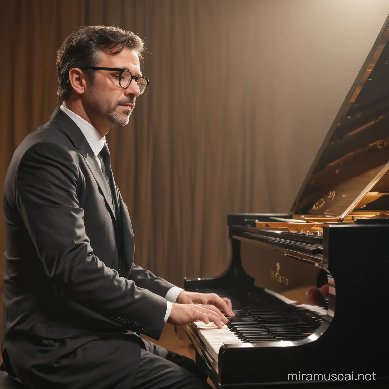 46YearOld Handsome Man Playing Grand Piano on Stage