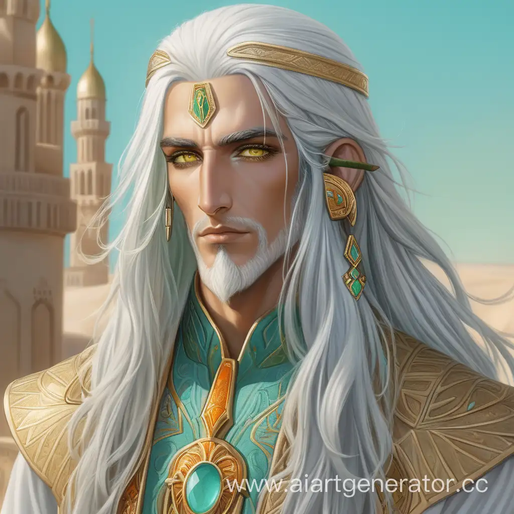 Alhaitham uses the tall male model. He has pale skin, gray hair that turns lighter at the ends and with a few locks that have pale turquoise undersides, and light turquoise eyes with orange-ringed yellow pupils. He wears two large gold and green earpieces.