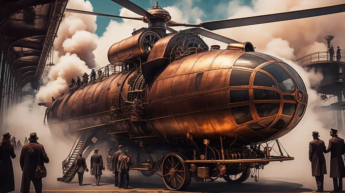 Steampunk big passenger helicopter heavy steam engine smoke with pilot inside people boarding