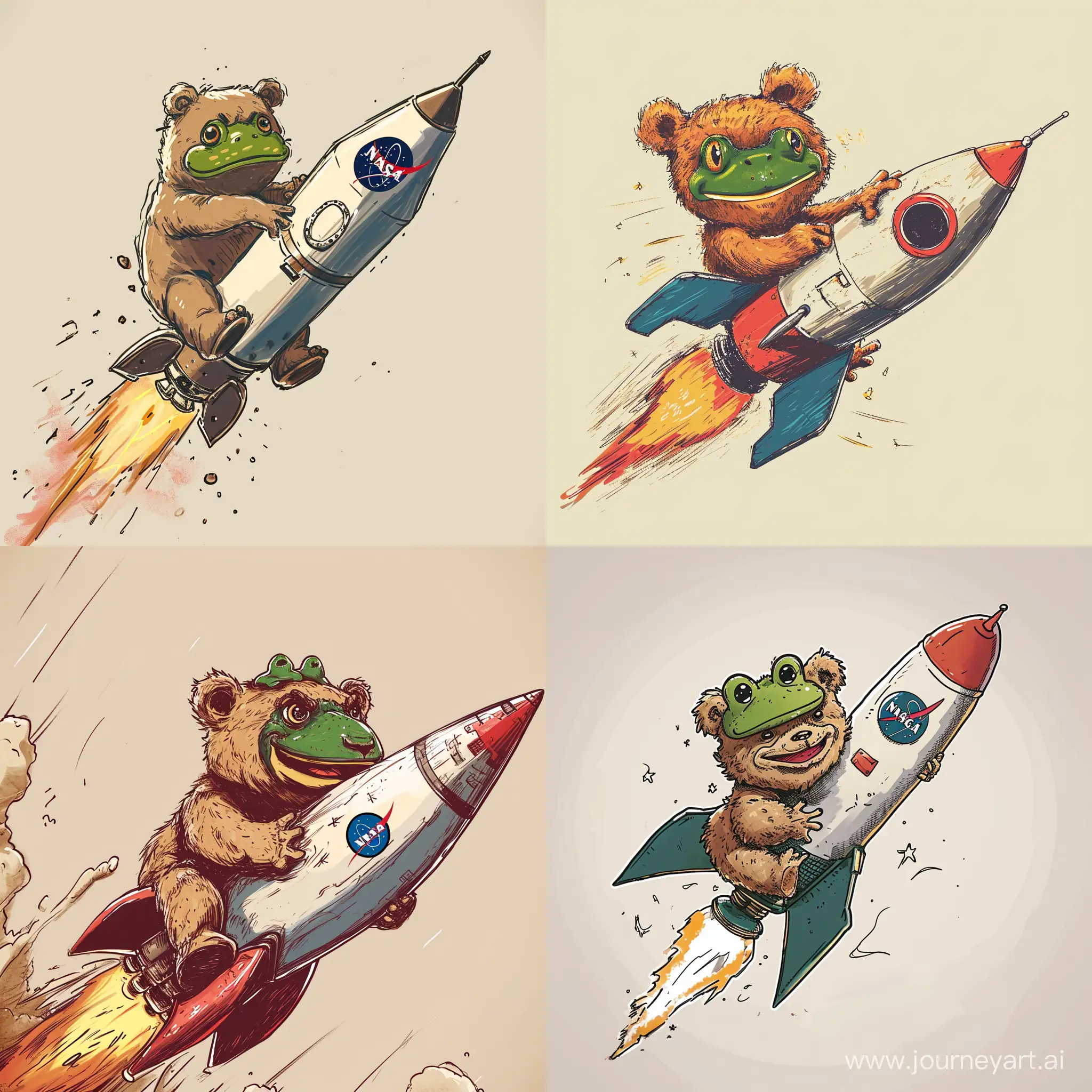 Create bear masculine with Pepe frog  face riding NASA rocket using manga drawing style
