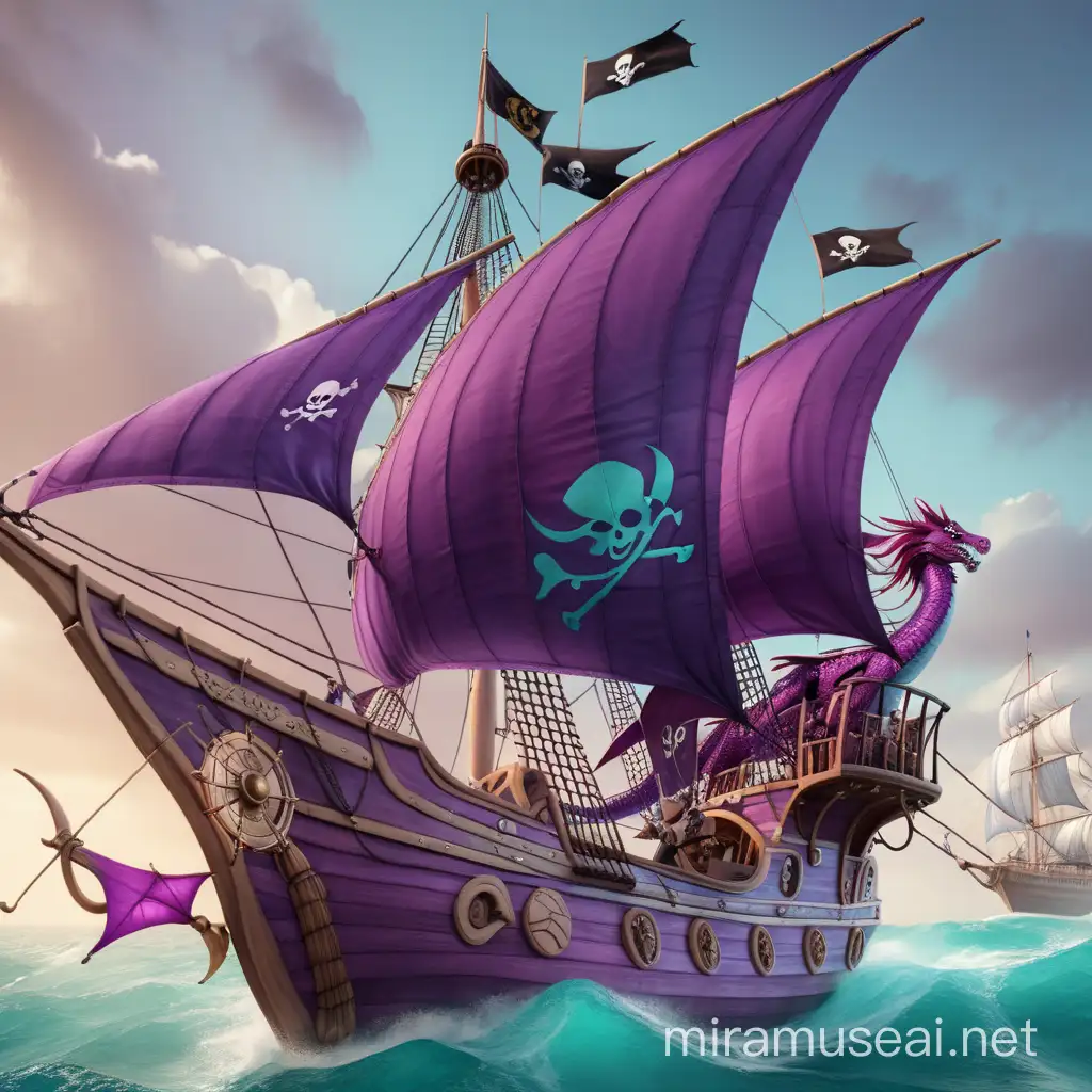 Purple pirate ship with dragon wing sails, the woman at the helm of the ship wears turquoise leathers and burgundy hair 