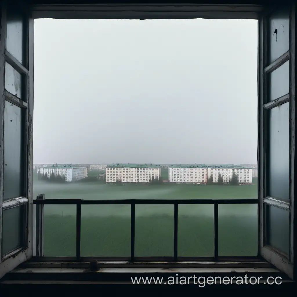 Вид из окна пятиэтажки в небольшом российском городе. Вдали виднеется поле, окутанное туманом. На горизонте можно различить тёмные высокие объекты.