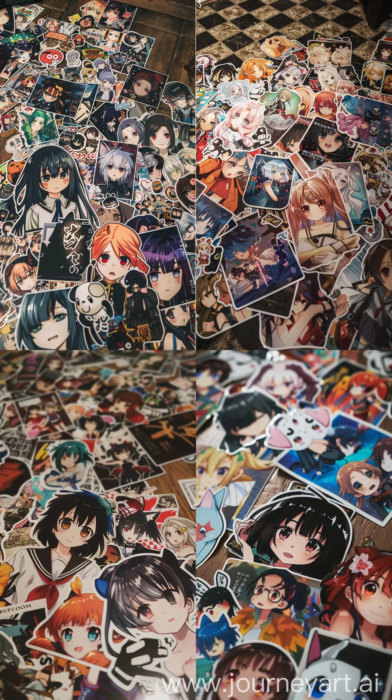 many anime stickers on the floor, --ar 9:16