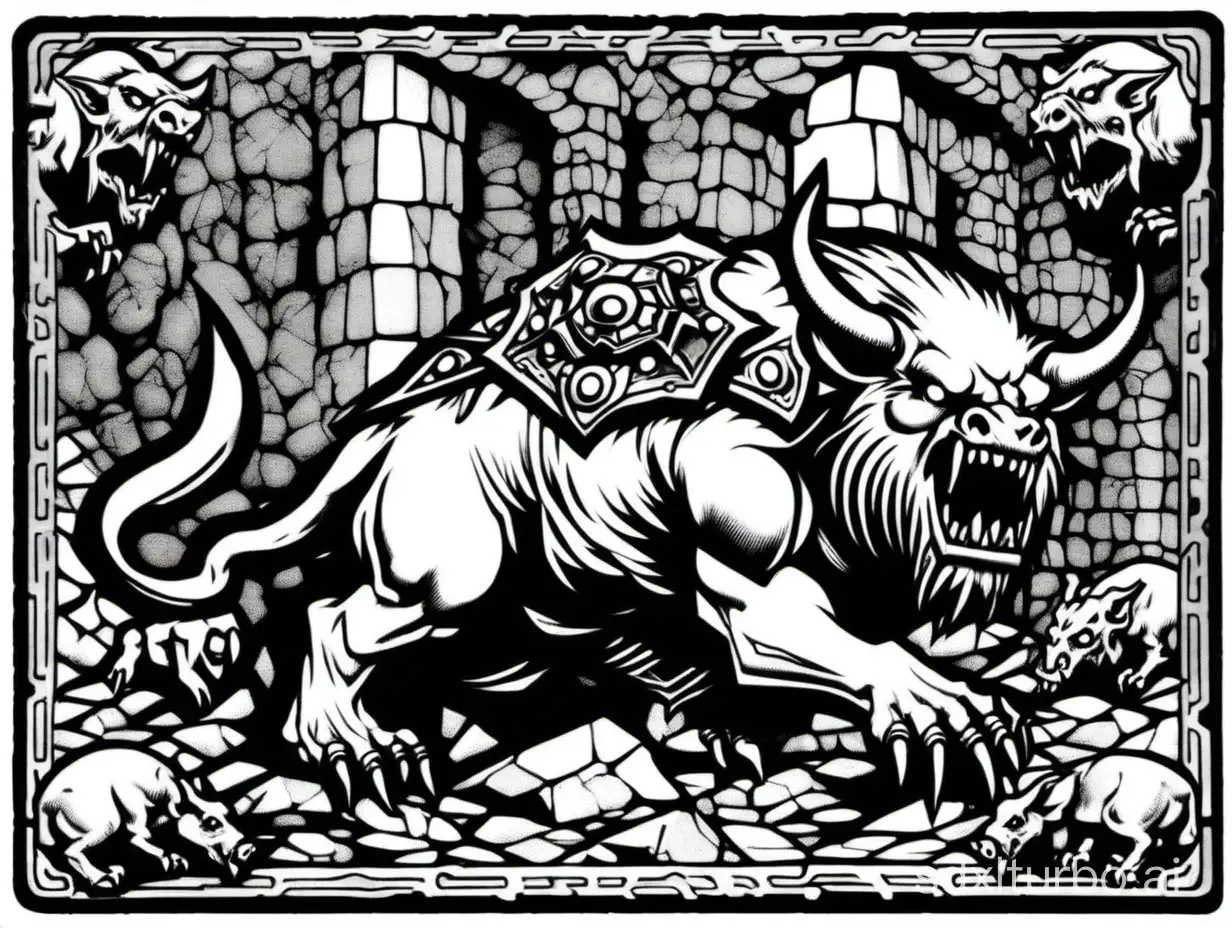 style of 1981 Basic Dungeons and Dragons, plain white background, a demon:boar, 1bit bw, black border,