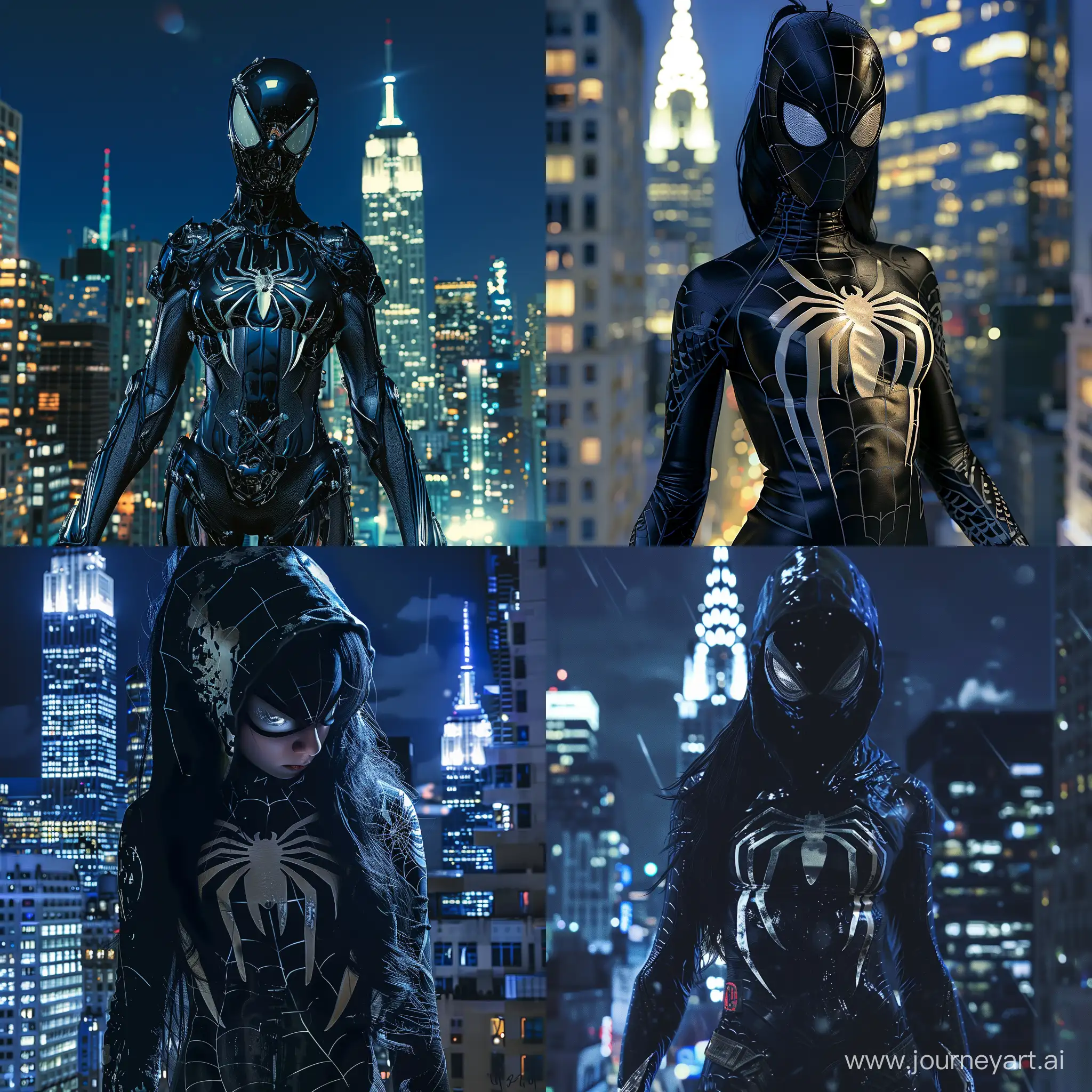 A girl USA in a Spider-Man costume. Black symbiote with a spider on the chest. On the background of the night city, skyscraper.