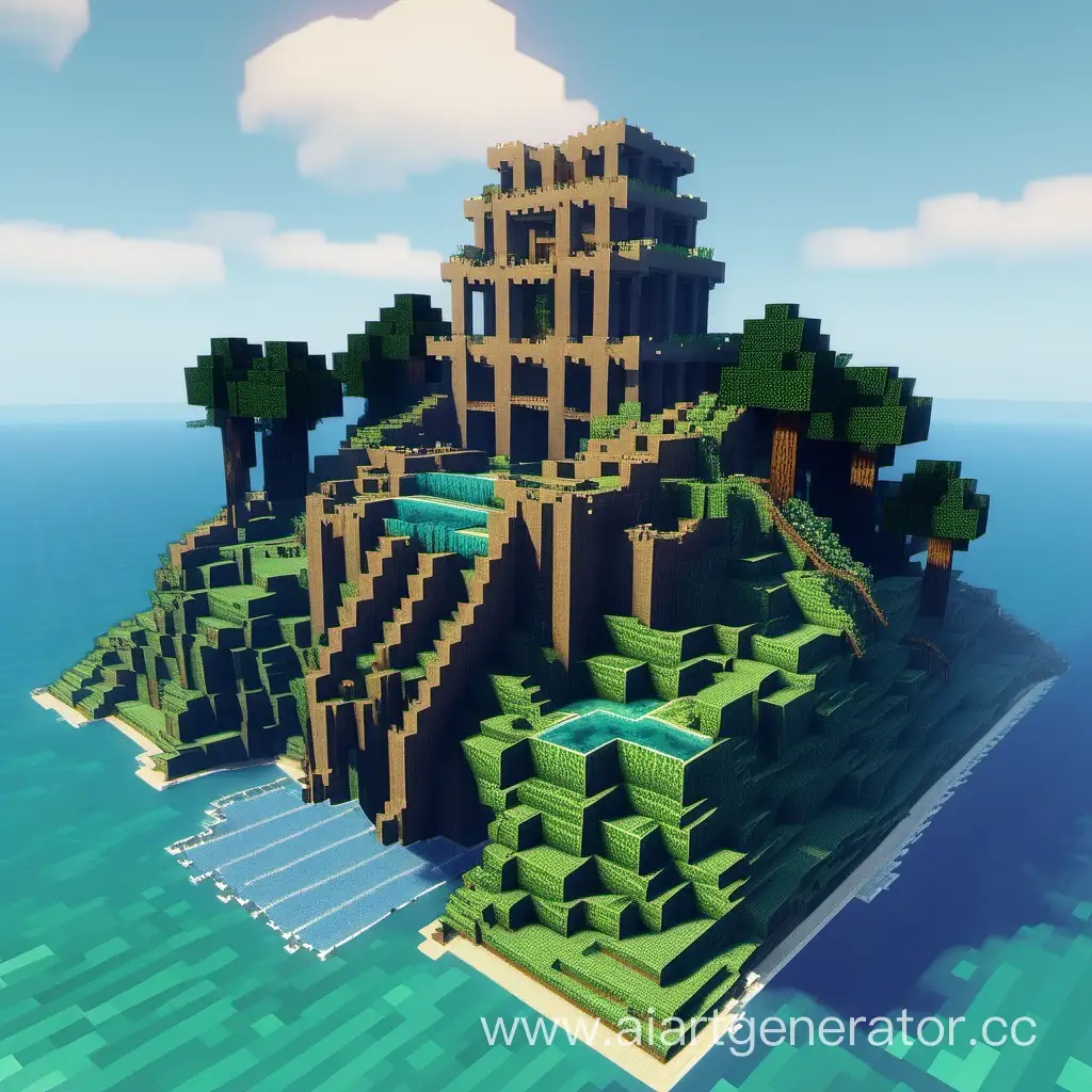 large ocean fort with waterfalls and trees, minecraft build