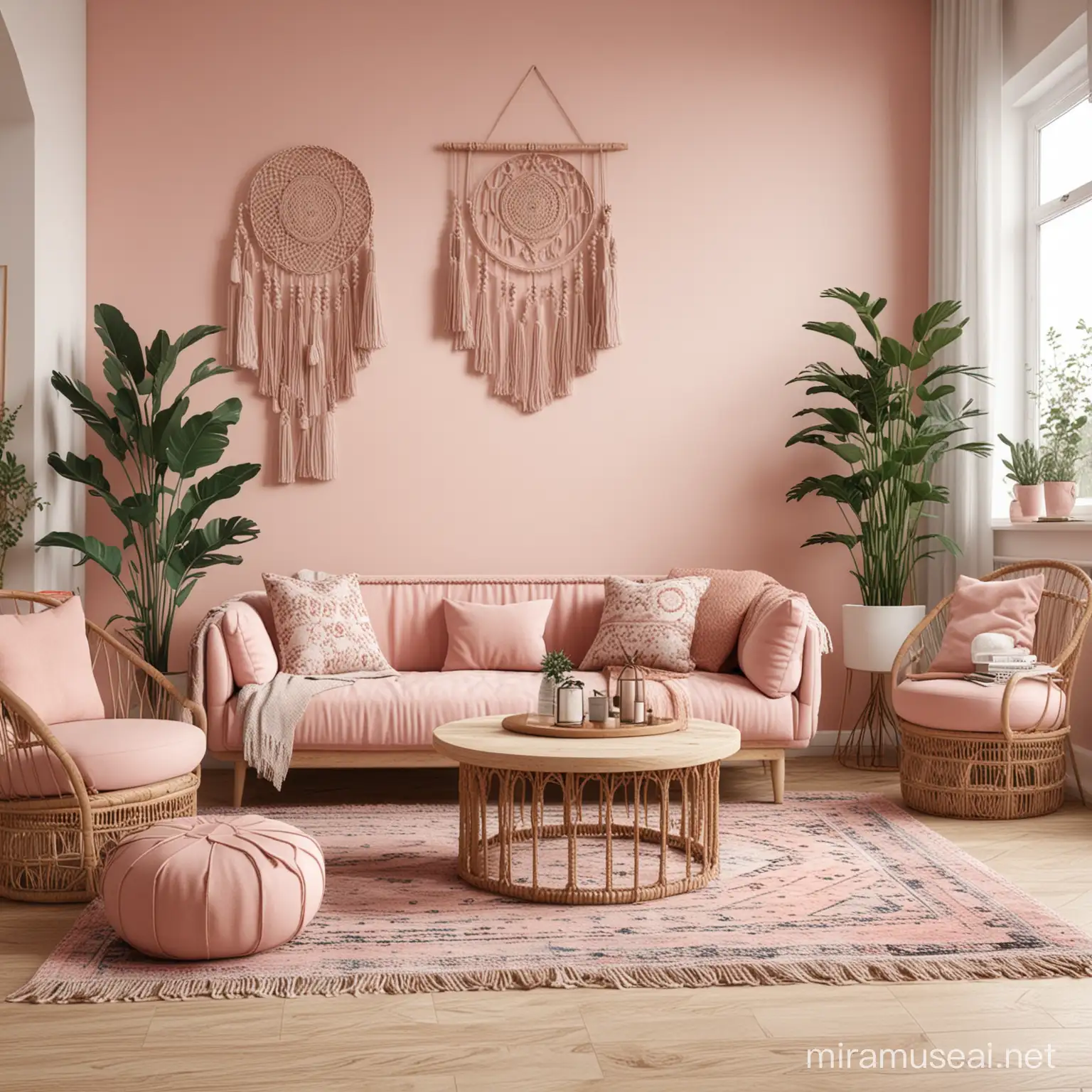 Boho living room mockup a little bit pinkish room decor