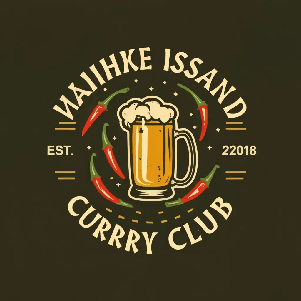 a logo design,with the text "Waiheke Island Curry Club Est. 2018", main symbol:beer,  red chilli, colours of the Indian flag, green chilli, ,Moderate,be used in Travel industry,clear background