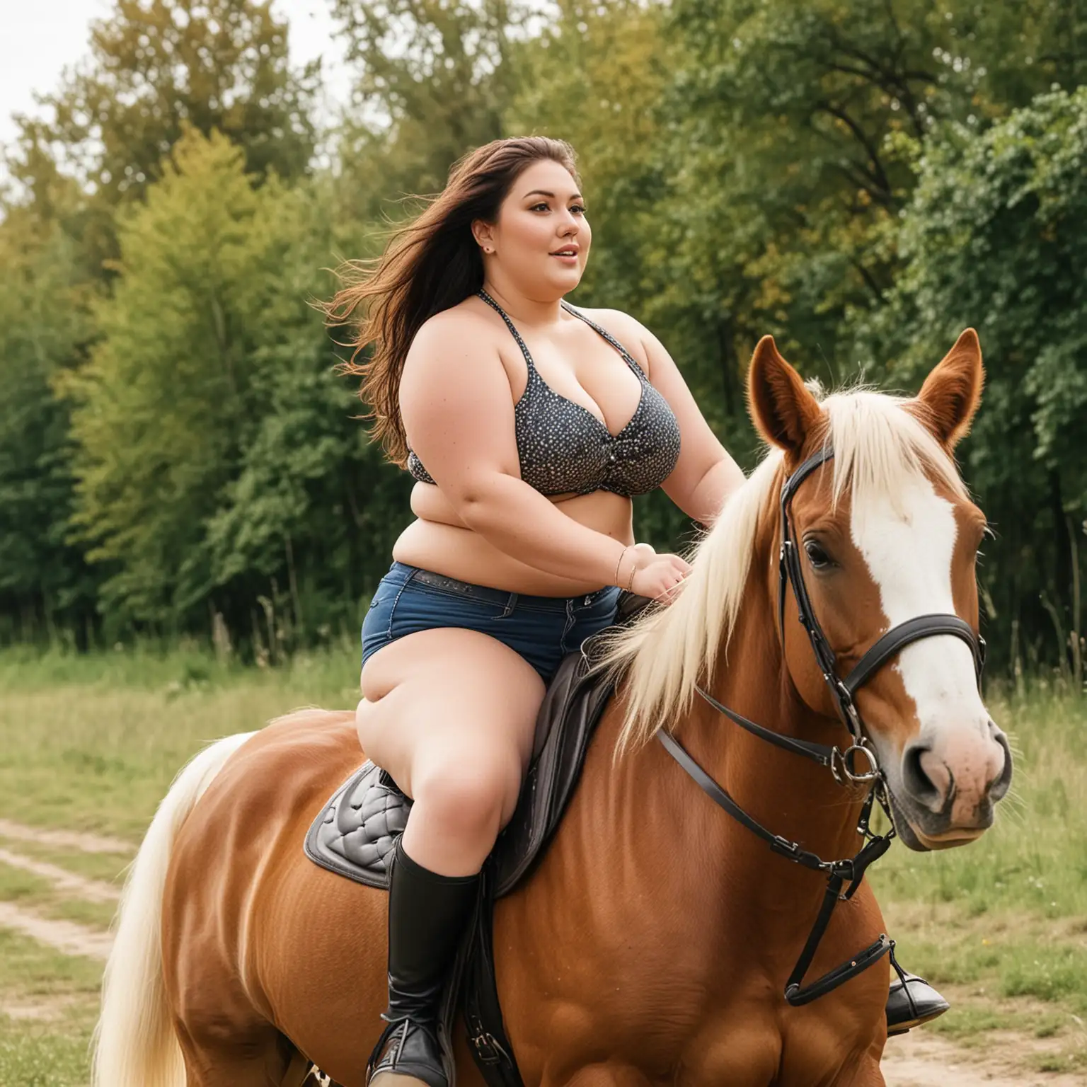 A sexy beautiful fat chubby woman riding a horse