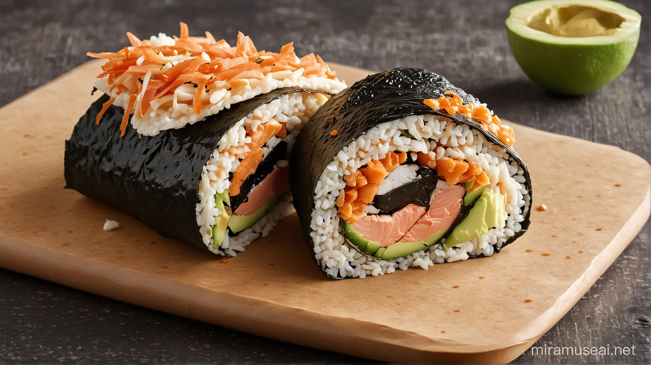 American Sushi Burrito: A large roll of sushi with various fillings such as salmon, avocado, and vegetables, wrapped in nori, provides a unique combination of sushi and a tempting burrito.