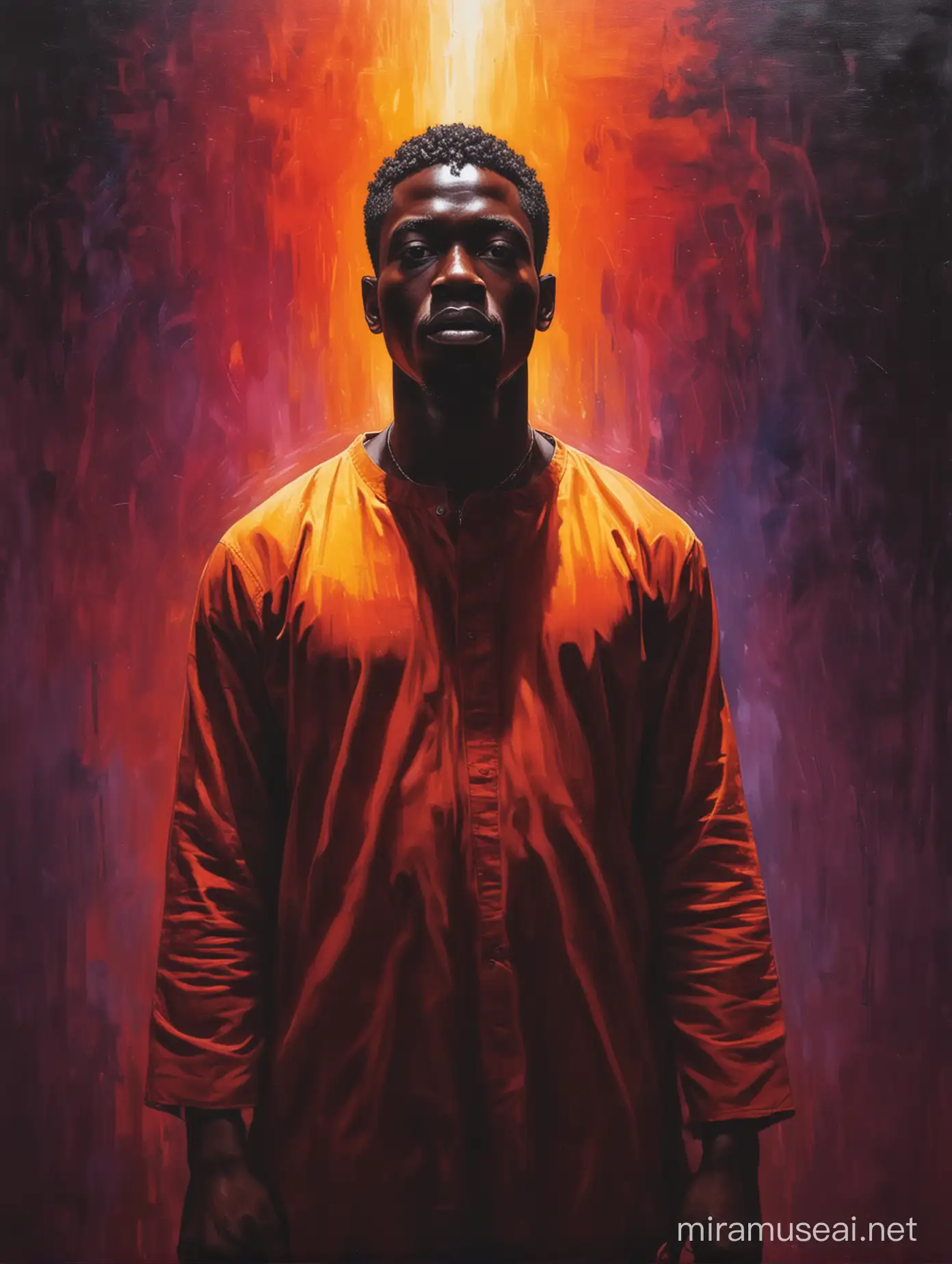 A painting entitled Intro, featuring a black person during slavery, colourful, dramatic light