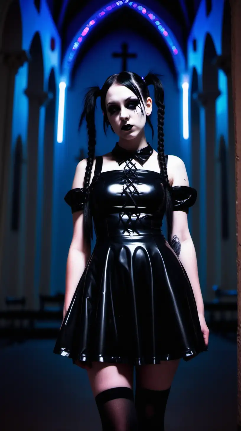 Goth girl. Pigtails. Night. Neon lights. Church. Latex dress.