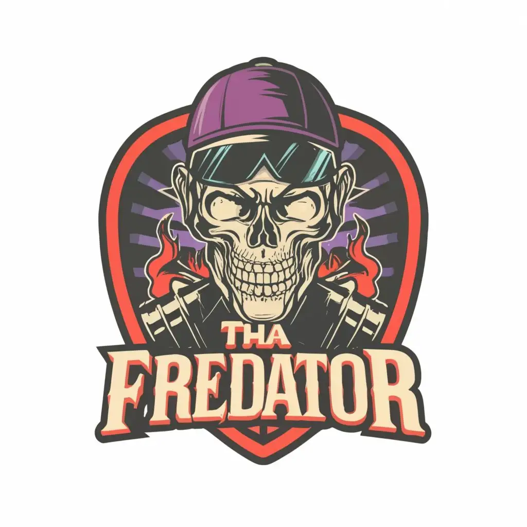 logo, a skull with a cap and sunglasses on horror hip hop style, with the text "Tha Fredator", typography, be used in Entertainment industry