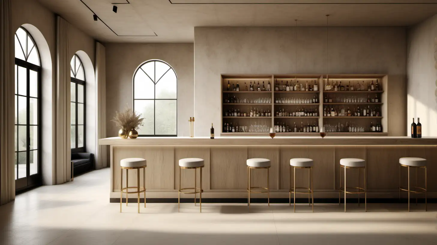 a hyperrealistic image of a classic contemporary large home minimalist hotel-style bar room; limewash walls in Bauwerk Bone; blonde oak;  brass; Large Window;