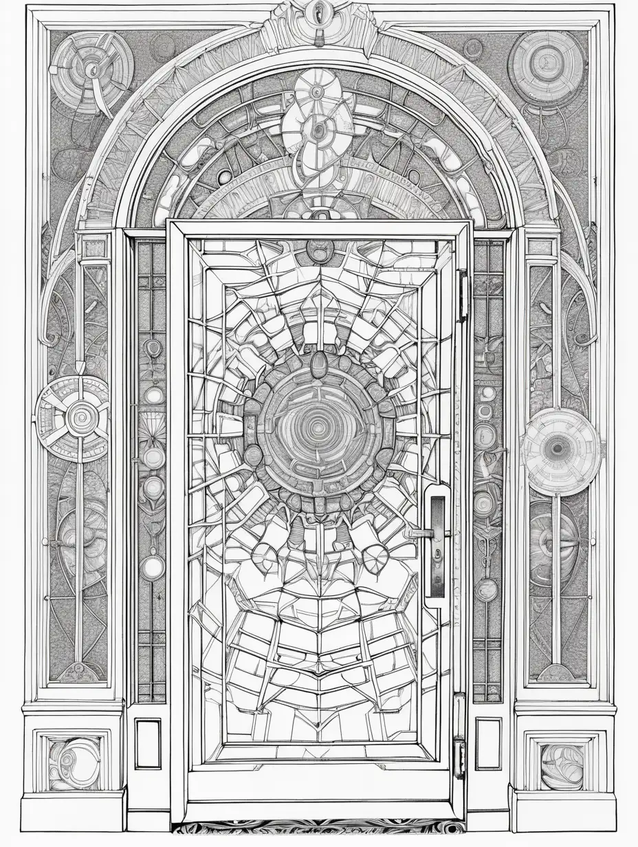 High-Quality Adult Coloring page art on the scientific topic of Quantum doors, a bridge between realities. this would involve quantum entanglement BACKGROUND:In 2009, Sergio Bertolucci, a physics theorist and Director of Research and Scientific Computing at CERN, gave reporters a strange interview in which he said, “Out of this door might come something, or we might send something through it.” The door he was referring to was a potential rift in space-time that could result from experimentation with the Large Hadron Collider. He warned that unspecified “somethings” could indeed interact with this realm due to experiments with the massive machine.  MAKE MANDALA 600 60 6
