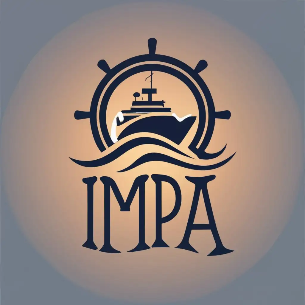 logo, a ship a vessel and a shipwheel a sea a wave, with the text "IMPA", typography
