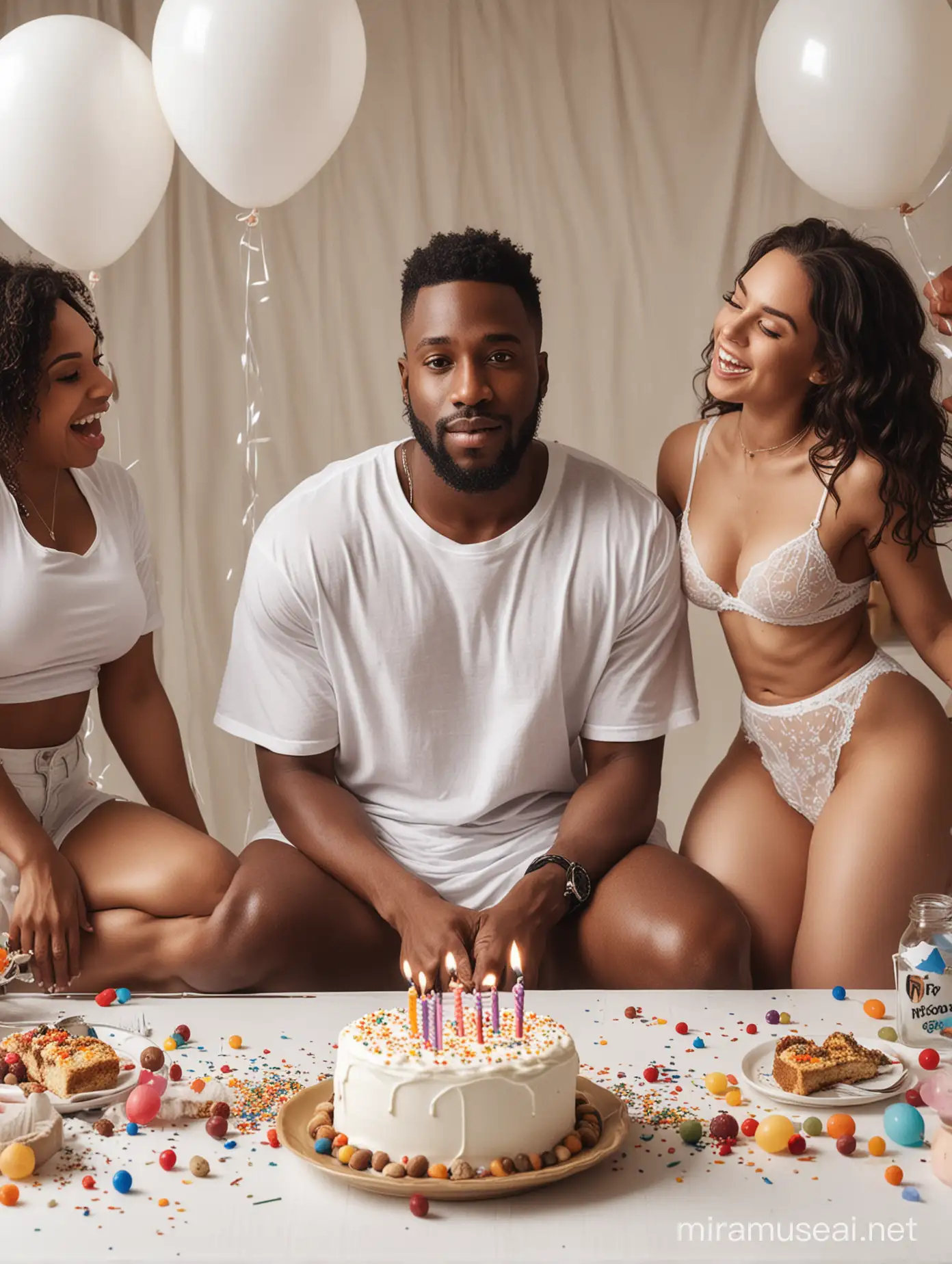 have a black man in a white tee sitting at a table and his birthday cake is in front of him.    then have two white naked woman with their breast out  on each side of him.   have rocks on the table as well with balloons in the air and party streams flying everywhere