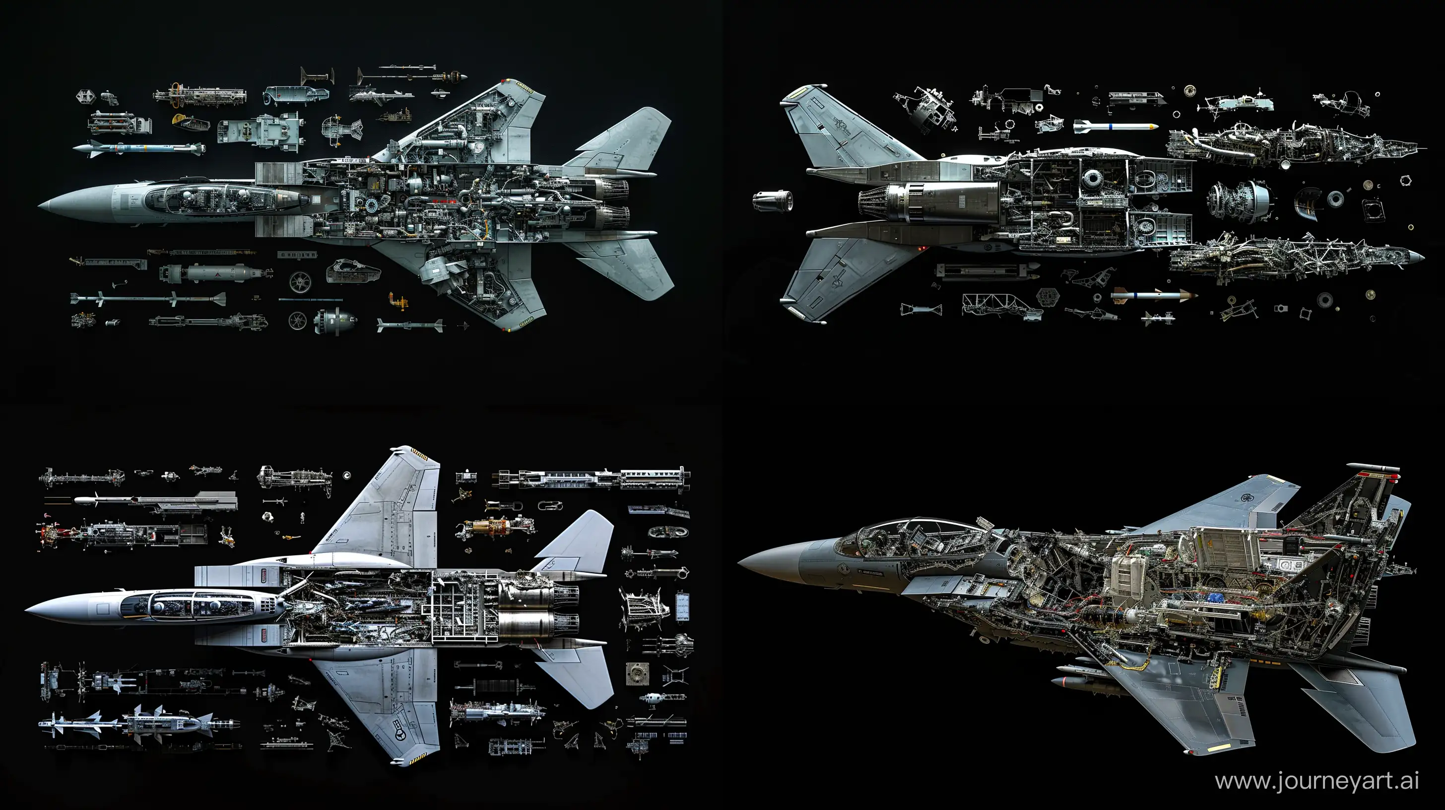 Ultra-realistic 8K image of a F-15 in an exploded view. The components should be meticulously detailed and appear to float against a black background, highlighting their complexity and precision craftsmanship, hyper-realistic detail --ar 16:9 --v 6.0