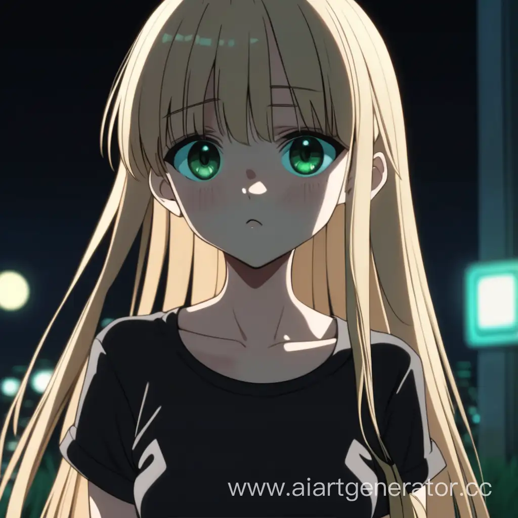 a girl with long straight blond hair with straight bangs, big green eyes, dressed in a short black top, a black skirt, she looks scared and sobbing, evening and tense atmosphere, anime style.
