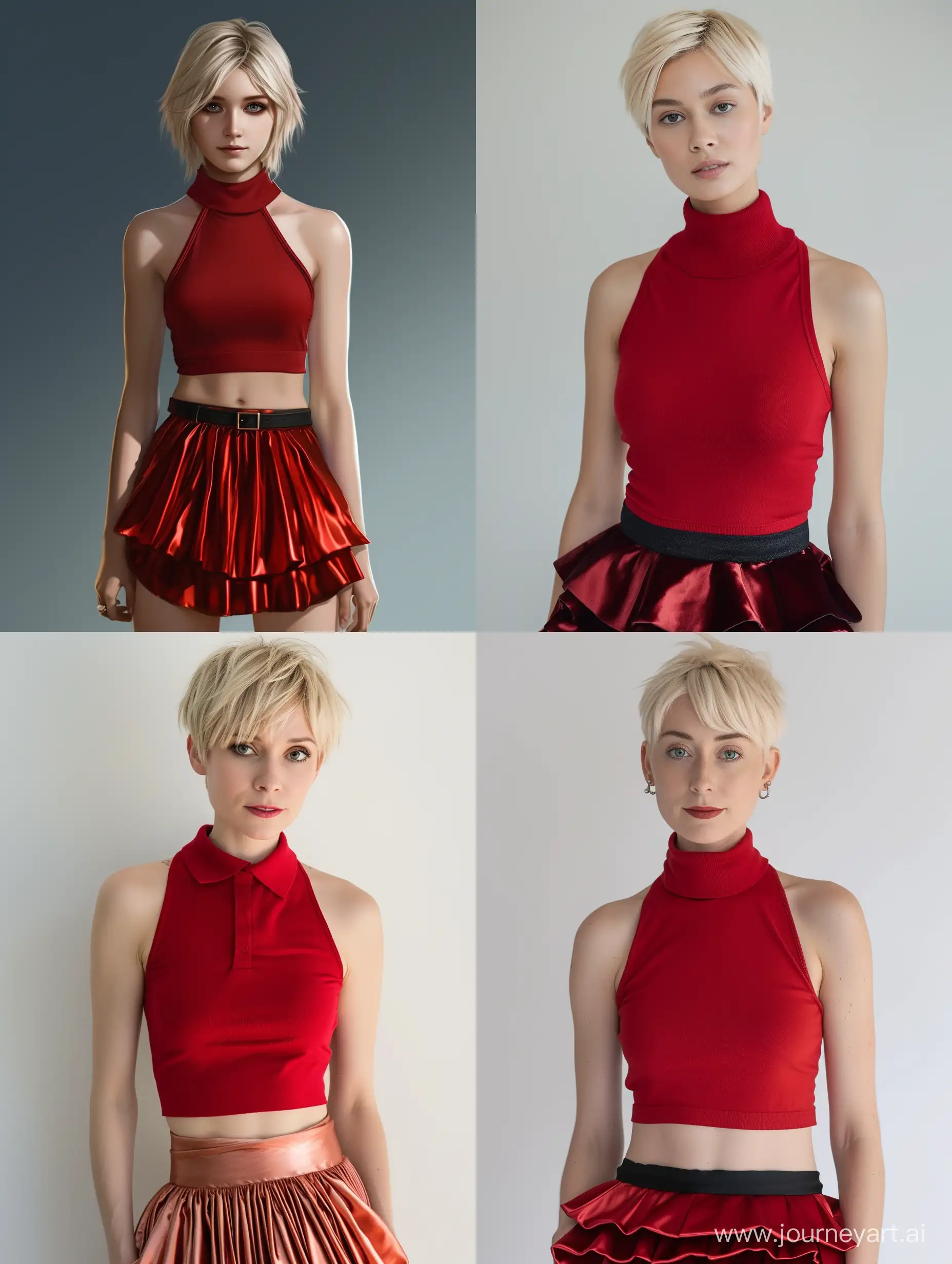 Elegant-ShortHaired-Woman-in-Red-Halter-Polo-Neck-and-Satin-Layered-Mini-Skirt