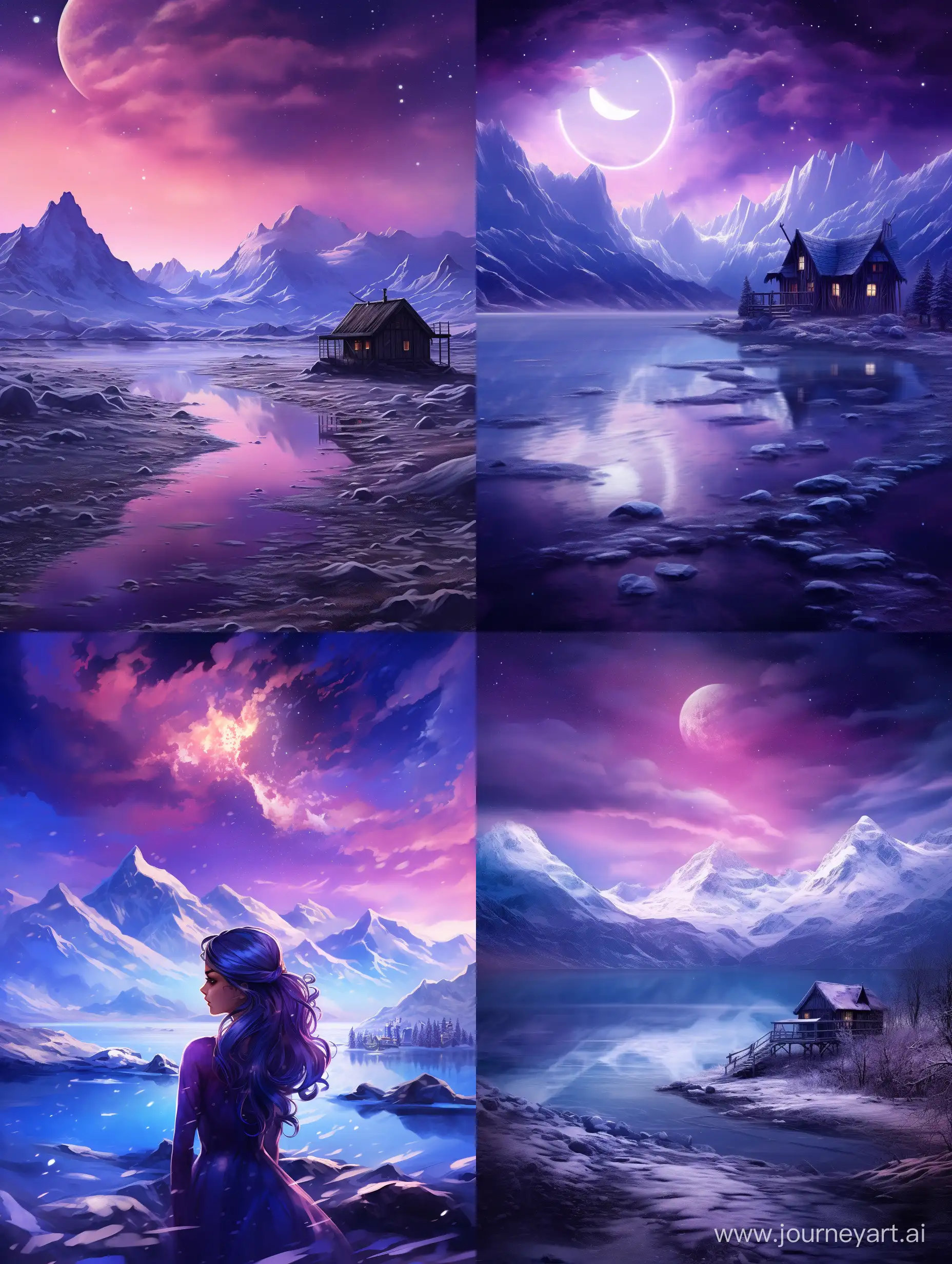 a galactic purple scenery with a wooden minimal house, snow around, a little tide at foreground, mountains at the background, phantasy, realistic