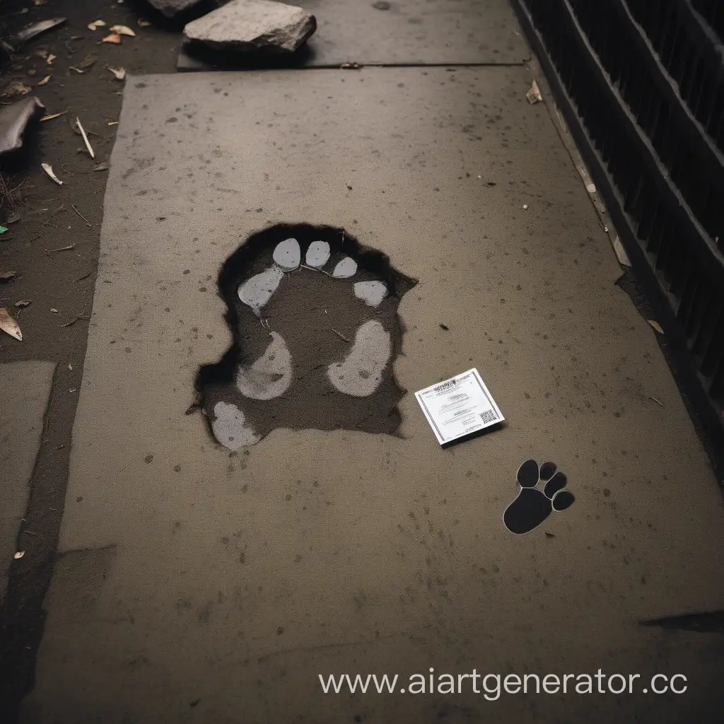 a gloomy dark zoo and a ticket to the zoo is lying on the ground and next to it is a primate's footprint