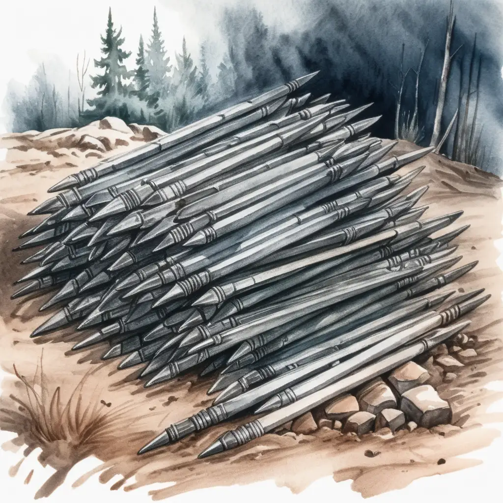 pile of short metal stakes on the ground, dark watercolor drawing, no background