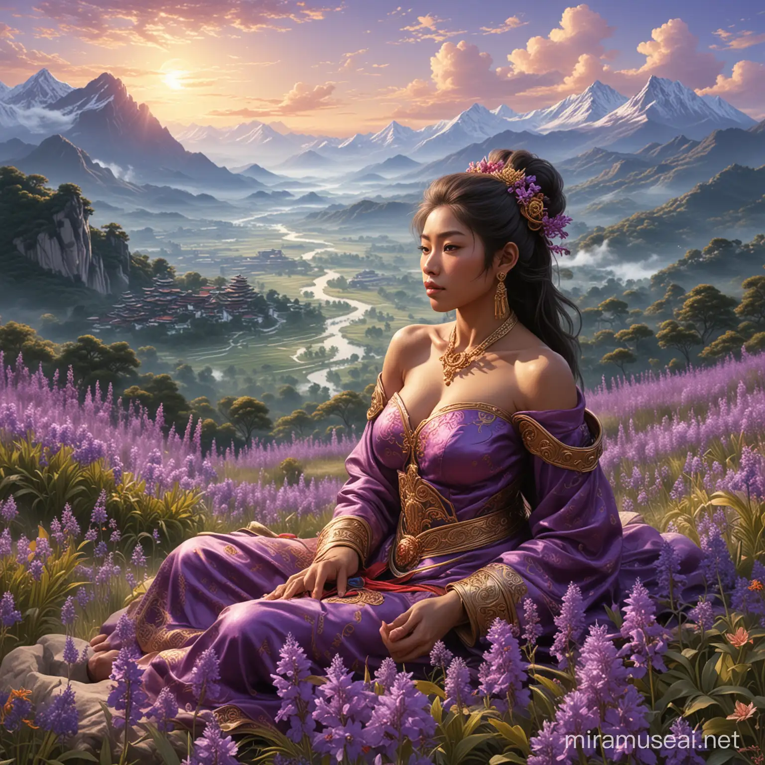 head resting on hand,Sun Wukong THE MONKEY KING,The image depicts a picturesque scene of a field of purple flowers with majestic mountains in the background. The sky is cloudy, and it showcases a beautiful outdoor landscape.Black woman beautiful face is shown.  The woman's body parts such as chest, thigh, stomach, and abdomen are visible.painterly smooth, extremely sharp detail, finely tuned detail, 8 k, ultra sharp focus, illustration, illustration, art by Ayami Kojima Beautiful Thick Black