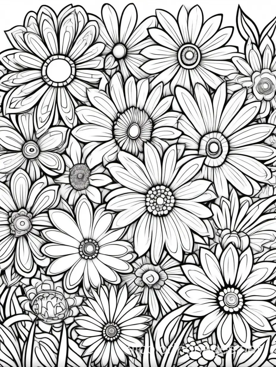 Black line art detailed flowers coloring page mindfulness , Coloring Page, black and white, line art, white background, Simplicity, Ample White Space. The background of the coloring page is plain white to make it easy for young children to color within the lines. The outlines of all the subjects are easy to distinguish, making it simple for kids to color without too much difficulty