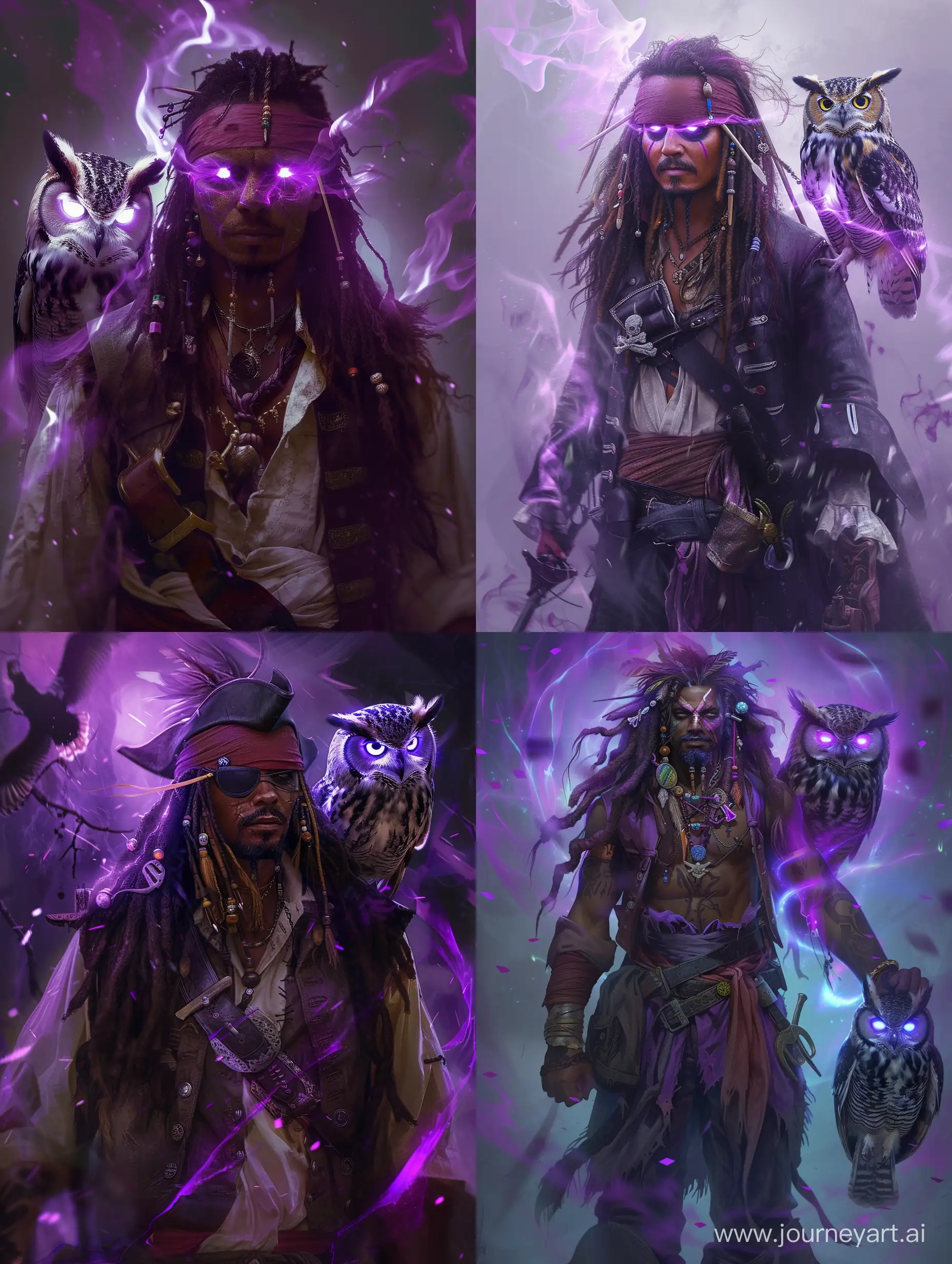 A realistic depiction of a human male with brown skin and black locs, his eyes glow violet, he dresses like a pirate. He has an aura of violet energy that surrounds his body. He has an owl whom has glowing violet eyes.  full body. ultra realistic. 