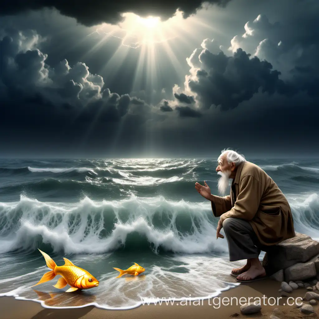 иллюстрация бедный старик поклоняется на берегу золотой рыбки, которая смотрит на старика и стоит на поверхности воды в море, на фоне изображения пустое море, шторм