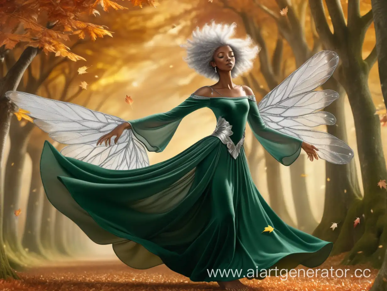 an ethereal female fairy with silver wings,  dark skin and silver afro hair waving in the wind, with a long green velvet dress with boat neck, long sleeves, and no slit in the dress, with no skin exposed, dancing  in the autumn season amongst trees with bright autumn leaves 