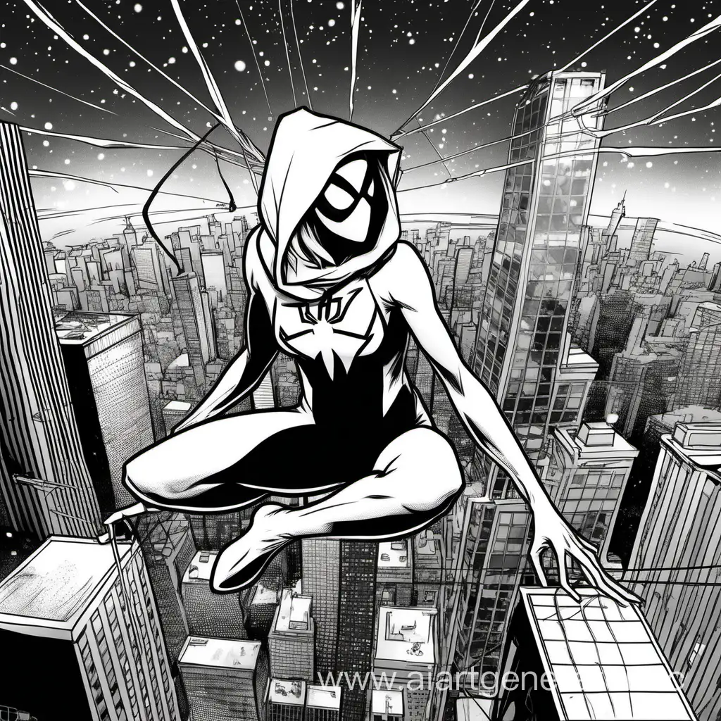 Spider gwen wearing mask, comic style, across the universe, simple drawing, swinging on web, nyc skyscrapers