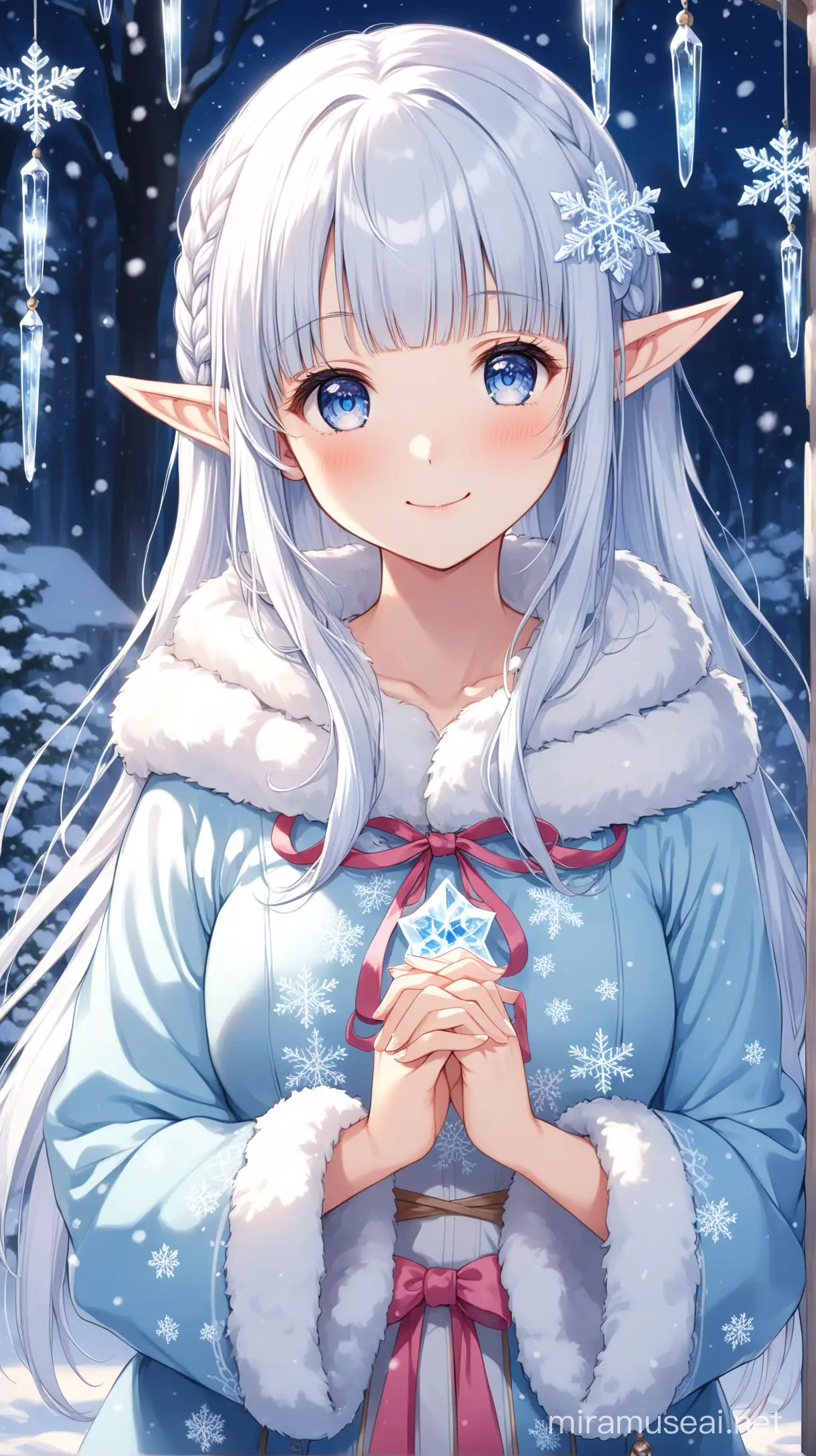 Ayaka Kamisato, High-quality anime illustration of a cute and beautiful elf girl, elf ears, silver white hair, very long straight hair down, blue eyes, wearing a cute light blue winter coat, soft and gentle expression, detailed hair, cute and kawaii expression, magical atmosphere, anime, detailed eyes, fluffy design, fur trim, professional, 8k, hd, high resolution, best quality, warm lighting, cute, smiling at viewer, innocent, medium breasts, thighs, snowflake hair ornament, ice, icicles, beauty, snow beauty, ice elf princess, petite body, hands clasped together, performing ice magic