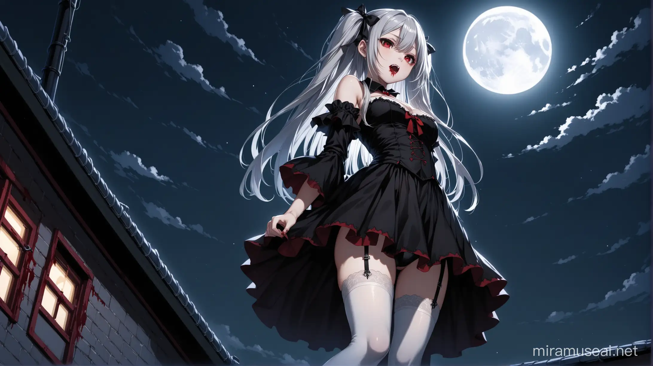 Aesthetic Chloe Sakamata a young and cute vampire girl, Japan, long silver hair and vampire fangs and red eyes standing on building rooftop, school grounds, low angle, from below, night, Dutch angle, full moon, high detail, ((best quality)), ((high quality)), high detailed eyes, wearing a gothic style black outfit with detached sleeves, white thigh highs stockings, wide irises, cold expression, standing, full body, illumination moonlight, two side up, shadow, blood, ((close-up shot)), ((light erotic))