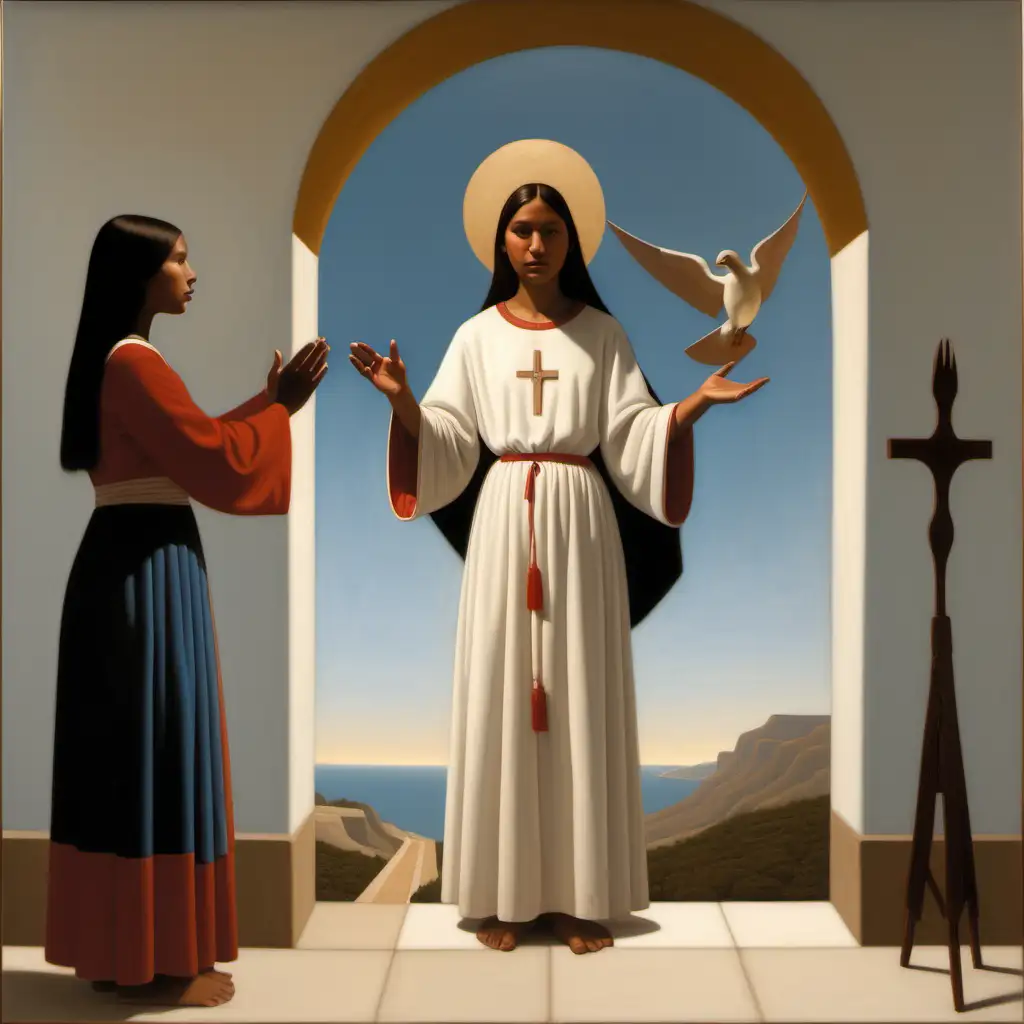 bo bartlett style painting of the annunciation, with an indigenous south american girl as mary