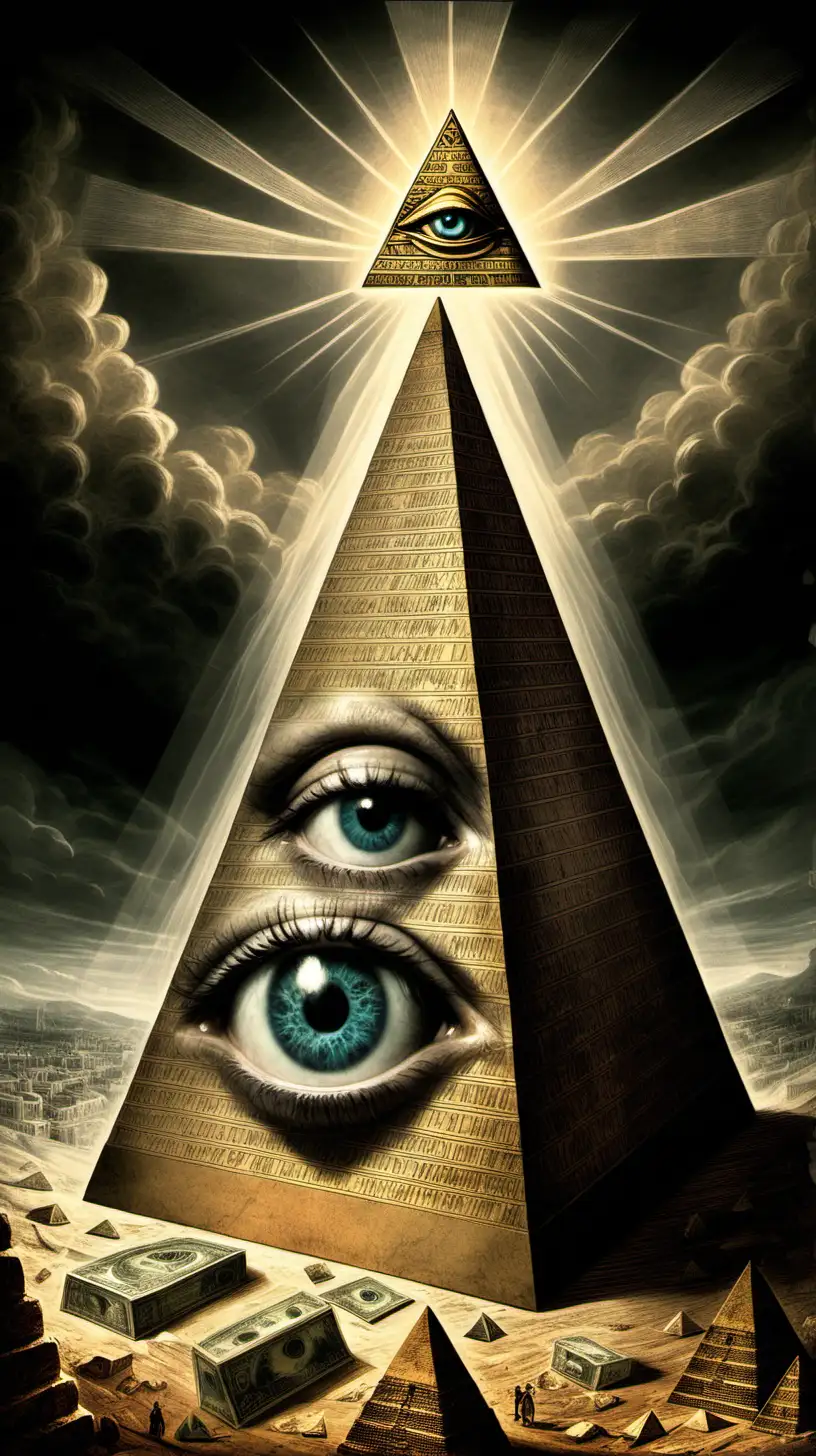 Prompt 1: Pyramid and Eye of Providence
Description: Generate an image that portrays the Pyramid with the Eye of Providence at its peak. Convey a sense of mystery and hidden power associated with Illuminati symbols.