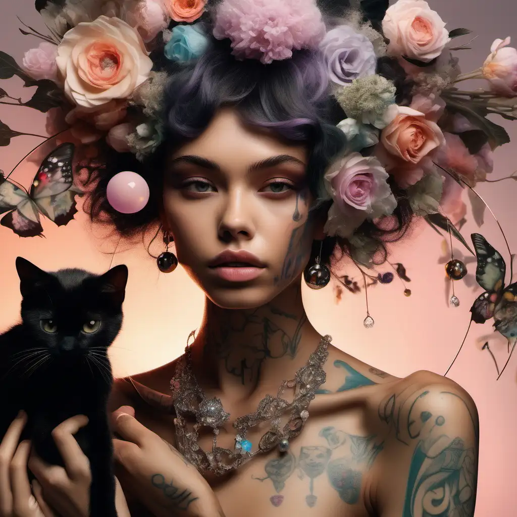 abstract white modern high fashion model with soft colorful tattoos holding a black cat.  elegant Crystal ORBS flying around her. she has pastel delicate flowers that fade into her hair .  and big hoop earrings