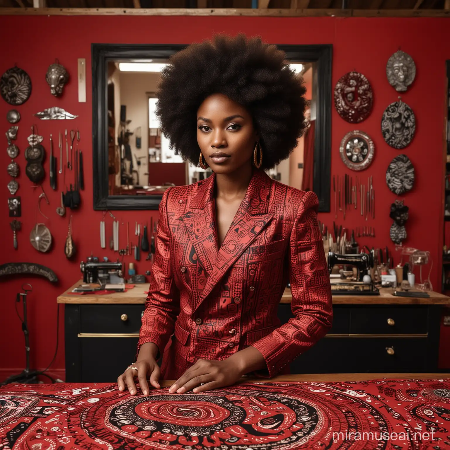 Afrocentric Black Tailor Crafting Designs in Ruby Red Workshop