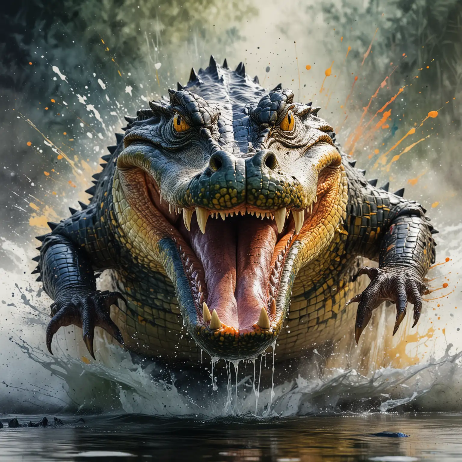 A wild alligator in full roar, charging forward with a fierce expression. The image is captured in a dynamic watercolor style, showcasing vibrant colors and fluid brushstrokes. Splashes and splatters around the alligator suggest its swift movement and wild energy. The body is particularly detailed with bright colors to emphasize its impressive size and the alligator's regal presence.
