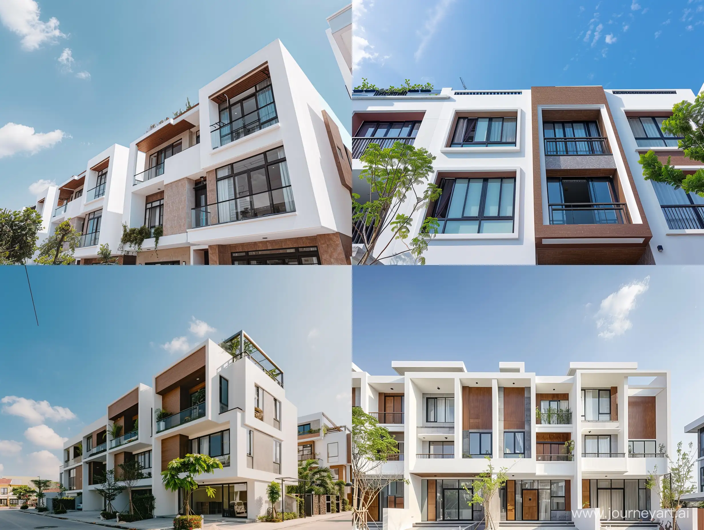 Reality photography, townhouse in vietnam, 5 meter frontage, modern style, 3 stories high, nice weather, blue sky without clouds, white tones combine brown and concrete