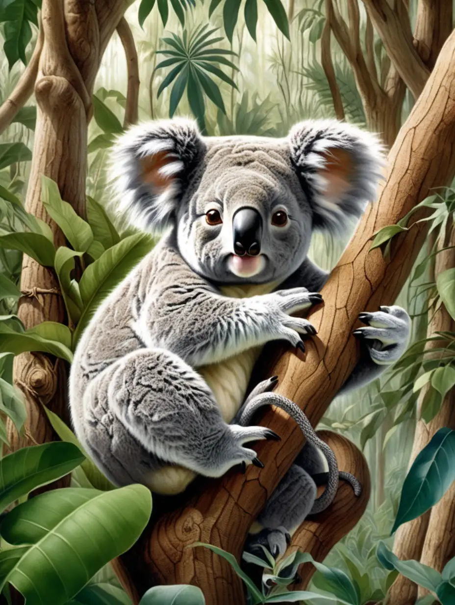 koala bears in jungle, with snakes in the trees, giant  lizards crawling 