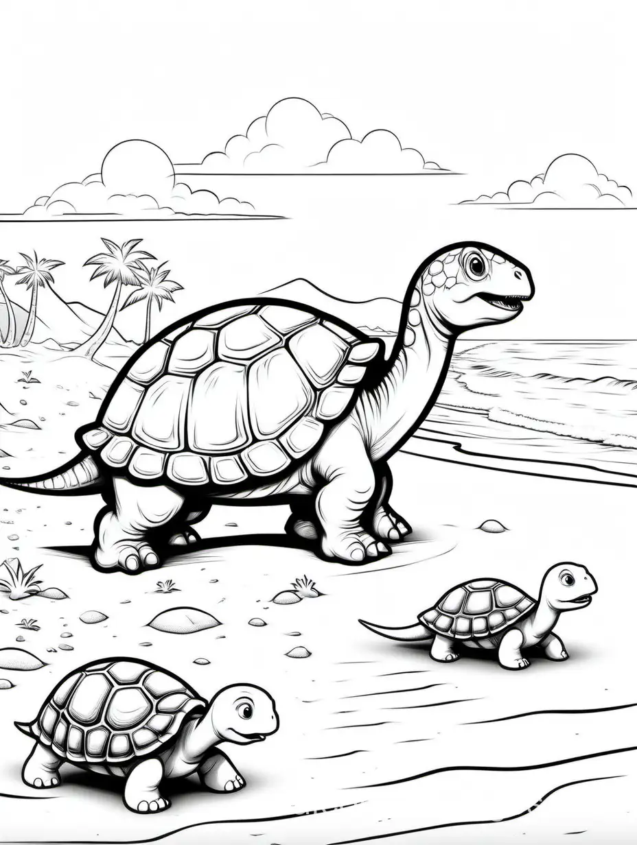 baby dinosaur walking on the beach next to giant turtle, Coloring Page, black and white, line art, white background, Simplicity, Ample White Space. The background of the coloring page is plain white to make it easy for young children to color within the lines. The outlines of all the subjects are easy to distinguish, making it simple for kids to color without too much difficulty