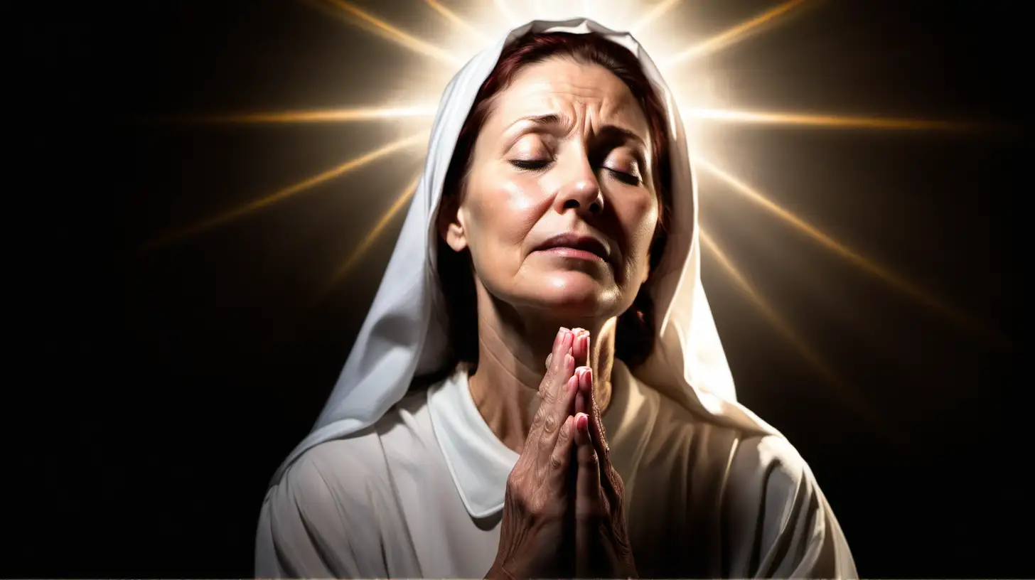 Image of a woman of faith, Margaret 42, earnestly praying, show Devine light on her.