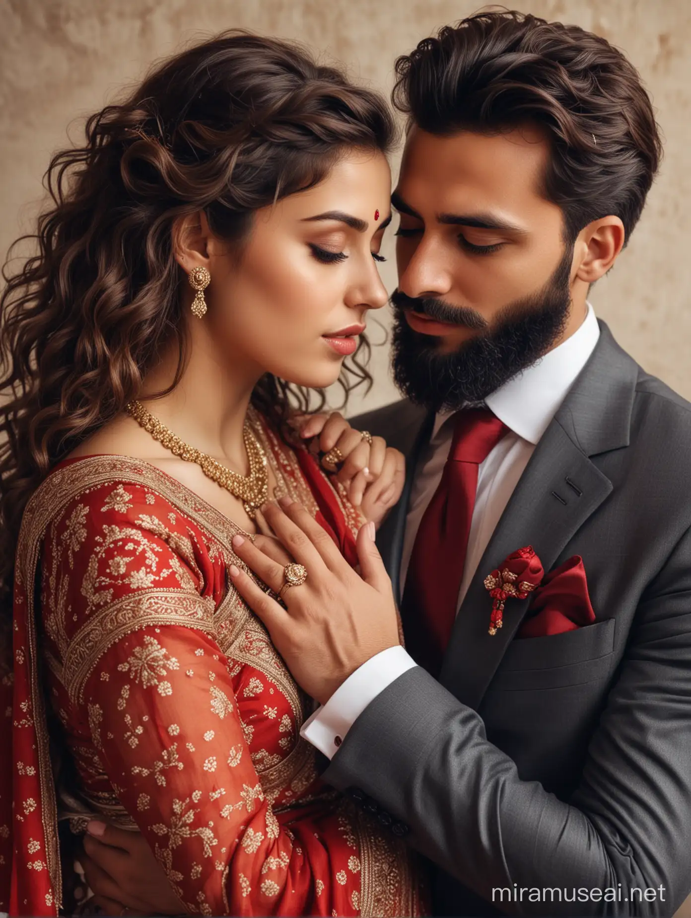full portrait photo of most beautiful european couple as most beautiful indian couple, 28 mm lens, waist shot, most beautiful cute girl in elegant saree, wide black eyes, full face, girl has long curly hair falling on breasts, full makeup, bridal makeup, red dot, full jewelry, hair ornaments, blouse low cut, girl embracing man and resting forehead on chest of man with deep emotion and ecstasy, man comforting girl with hands around her, man with stylish beard and perfect hair cut, suit and tie, photo realistic, 4K.