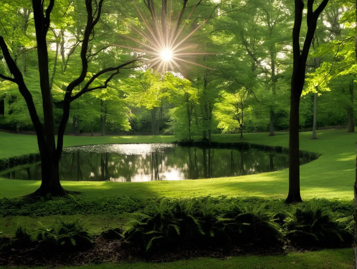 Tranquil Woods Landscape with Sunlit Trees and Pond