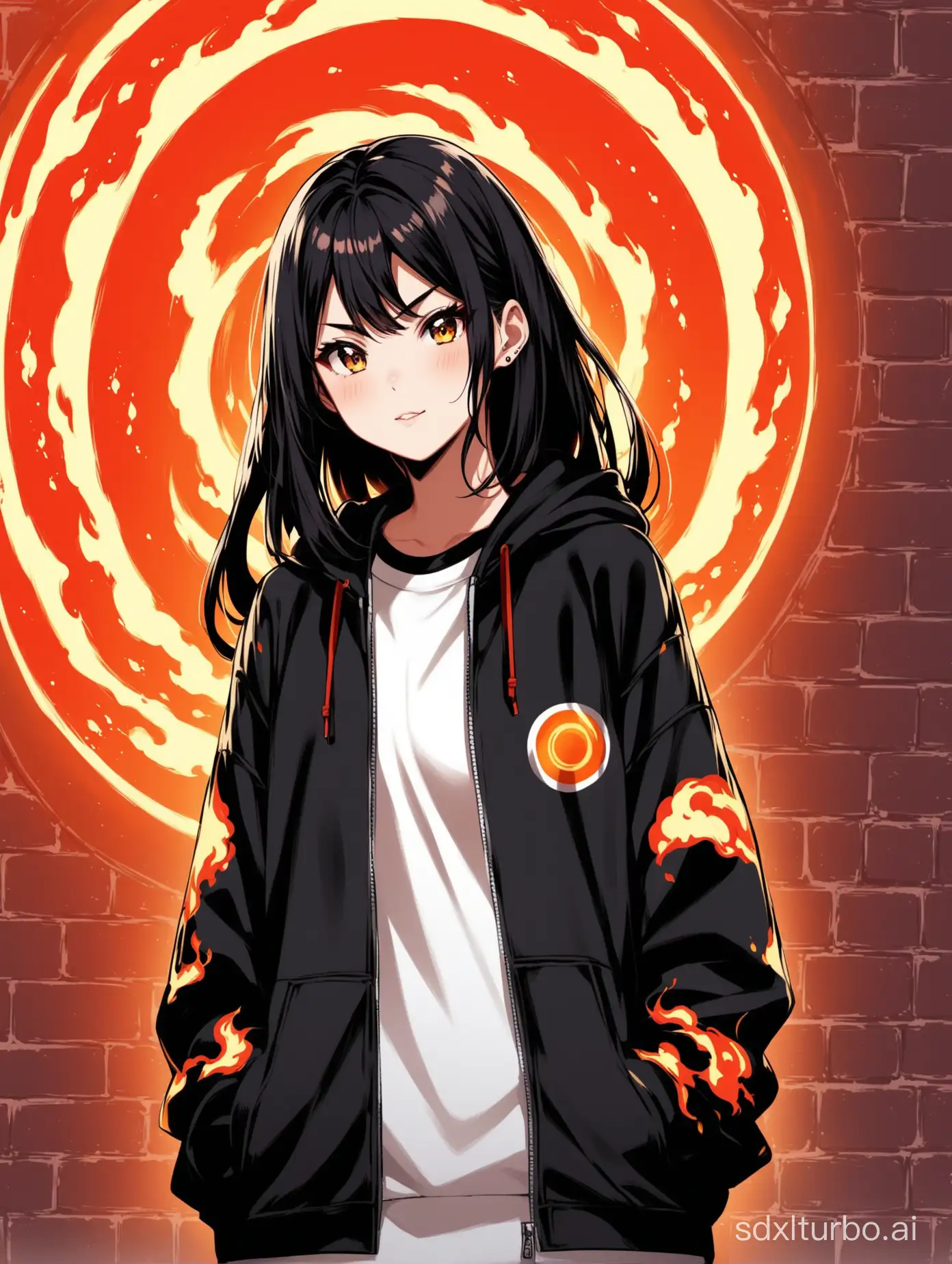 Rei Hino in street wear with fiery circles in the background.
