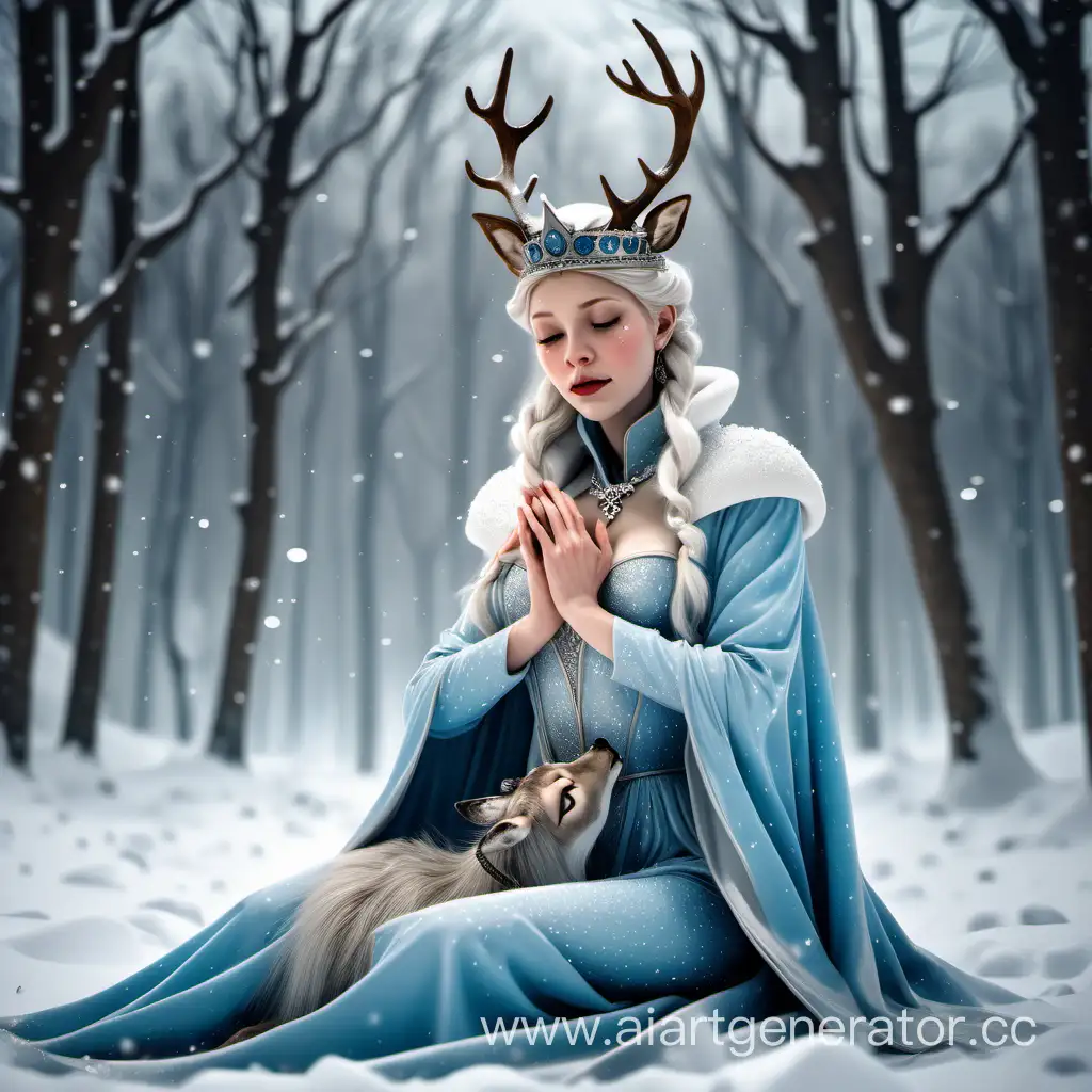 Snow-Queen-Grieves-Over-a-Majestic-Deer-in-the-Enchanting-Snowy-Forest
