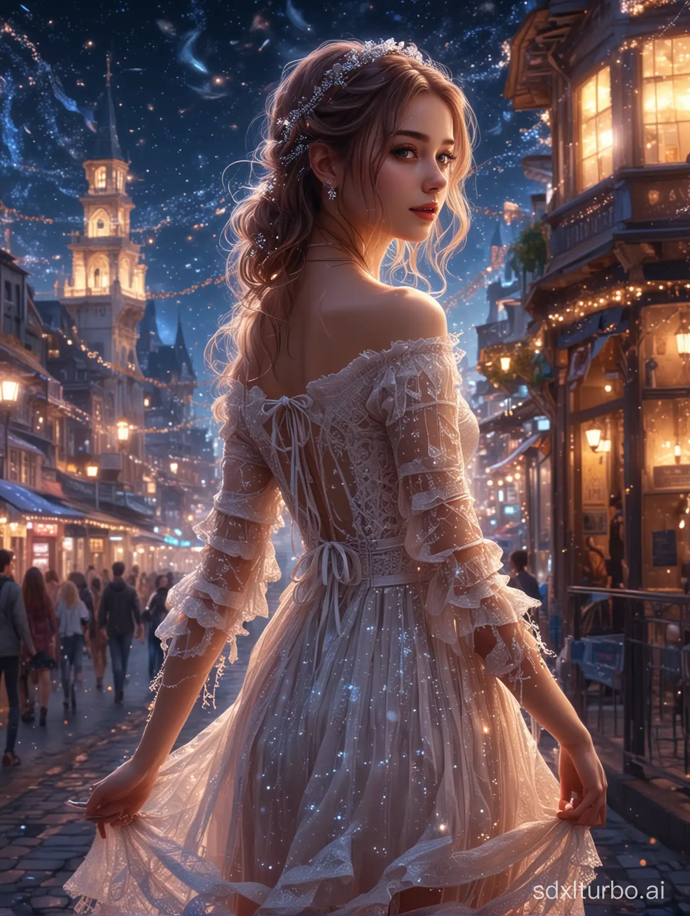 Full of stars and space city, precise drawing, glittering city, illumination, vivid, fantastic, fantasy, break, traveling 20 year old girl , pretty dress full of lace, ribbons and frills , break, sparkling and transparent, pretty, fantastic, fantasy, precise drawing, high quality, 4K, 8K, 16K